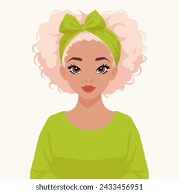 Vector cartoon illustration of a lovely girl with curly pink hair.
