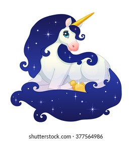 vector cartoon illustration lovely lying universe unicorn. clip art isolated on white background. EPS 10 without mesh