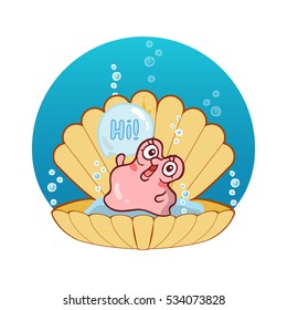 Vector cartoon illustration of lovely snail girl. Snail with shell, water bubbles and water background. Kawaii smiling character, undersea animal. Happy pearl oyster say Hi! 