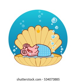 Vector cartoon illustration of lovely snail girl. Snail with shell, water bubbles and water background. Kawaii smiling character, undersea animal. Funny pearl oyster sleeping in her bed