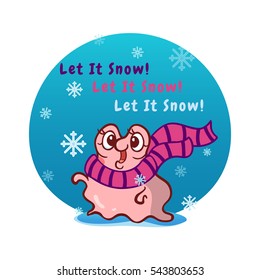 Vector cartoon illustration of lovely snail girl. Snail with snowflakes and water background. Kawaii smiling character, undersea animal. Cute snail with winter scarp in drop of water