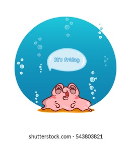 Vector cartoon illustration of lovely snail girl. Snail with bubbles and water background. Kawaii smiling character, undersea animal. Very happy pearl oyster in drop of water