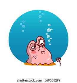 Vector cartoon illustration of lovely snail girl. Snail with bubbles and water background. Kawaii smiling character, undersea animal. Moody pearl oyster and shrimp 