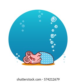 Vector cartoon illustration of lovely snail girl. Snail with bubbles and water background. Kawaii smiling character, undersea animal. Funny pearl oyster sleeping in her sand bed