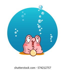 Vector cartoon illustration of lovely snail girl. Snail with water bubbles and water background. Kawaii smiling character, undersea animal. Happy pearl oyster with pearl 