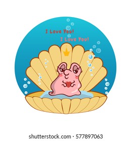 Vector cartoon illustration of lovely snail girl. Snail with bubbles and water background. Kawaii smiling character, undersea animal. Flirty pearl oyster with heart and shell in drop of water