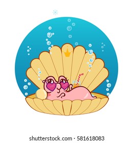 Vector cartoon illustration of lovely snail girl. Snail with bubbles and water background. Kawaii smiling character, undersea animal. Pretty pearl oyster with glass of lemonade and shell in water