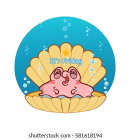 Vector cartoon illustration of lovely snail girl. Snail with bubbles and water background. Kawaii smiling character, undersea animal. Very happy pearl oyster and shell in drop of water