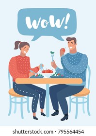 Vector cartoon illustration of Loving couple in have lunch a cafe. A man and a woman are sitting at a table in a cozy restaurant. Funny human characters on isolated background.