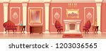 Vector cartoon illustration of luxury living room with fireplace, ballroom or hallway with pilasters in royal palace. Rich interior with furniture in baroque or rococo style. Fairytale game background