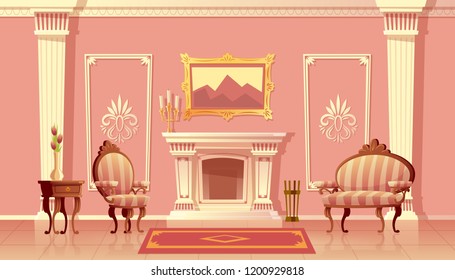 Dibujo vectorial de la lujosa sala de estar con chimenea, salón de baile o pasillo con pilastras en el palacio real. Ricos interiores con muebles de estilo barroco o rococó. Fondo de juego de cuento de hadas