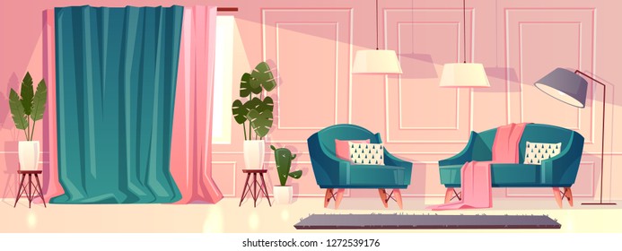 Vector cartoon illustration of luxury living room in pink color. Rich ballroom with moldings, armchairs and lamps. Expensive interior with curtains and furniture in baroque or rococo style.