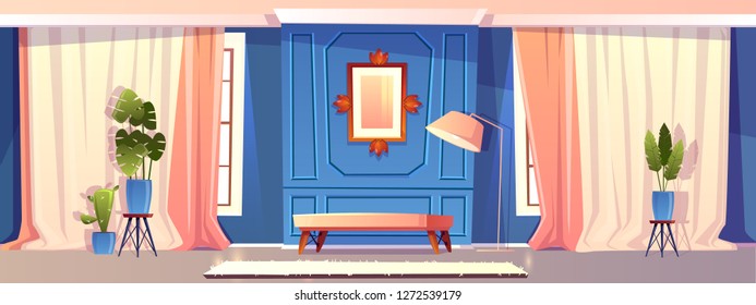 Dibujo vectorial de la lujosa sala de estar en colores azules, molduras con imagen. Bonito salón de baile con sofá, sofá. Costoso interior con cortinas y muebles de estilo barroco o rococó.