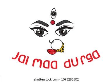 Vector Cartoon Illustration Of Maa Durga Face Expression -Mythological Hindu goddess.Vector Illustration.Isolated On White Background.