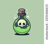 Vector cartoon illustration of magic potion bottle with skull. Isolated on green background.