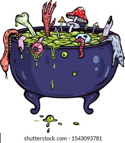 Vector cartoon illustration of magic potion pot (cauldron) isolated on white. Witch craft Halloween picture. Sticker, t-shirt design, tattoo art, holiday decoration. Colorful image.  