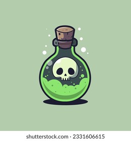 Vector cartoon illustration of magic potion bottle with skull. Isolated on green background.