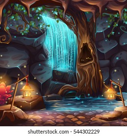 Vector cartoon illustration of a magical waterfall in a grotto under the crown of a spreading tree