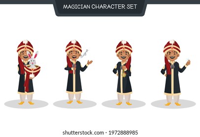 Vector cartoon illustration of magician character set on white background.