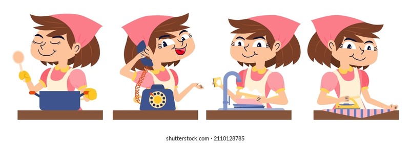 Vector cartoon illustration maid servant character design for graphic designer make card, website, banner, brochure, leaflet, placard, and print contains various pose and emotion 