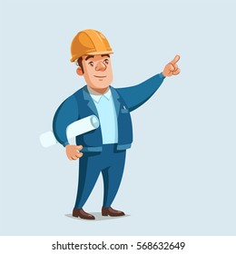 Vector cartoon illustration of male builder in yellow helmet. Funny worker with architectural project pointing finger up