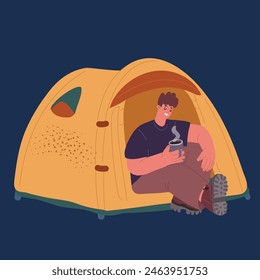 Vector cartoon illustration of Male character in tent in tent dirnk tea. Hikking concept over dark backround