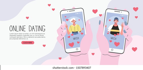 Vector cartoon illustration of male and female hands holding mobile phones with man and woman photos on screens. Social mobile application for dating, romantic partner, girlfriend or boyfriend search.