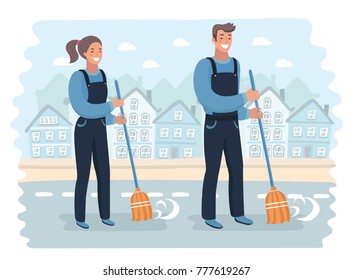 Vector cartoon illustration of male and female smiling young janitor in a blue suit, sweeping the floor with broom. Professional cleaning, home and office service