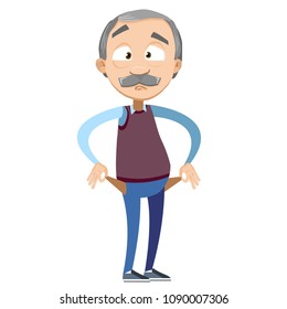 Vector cartoon illustration of male senior character with pockets turned outward, having no money. Vector illustration in cartoon flat style, isolated on a white background.
