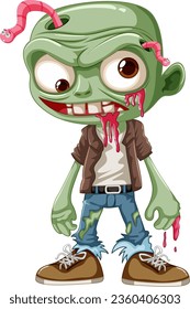 A vector cartoon illustration of a male zombie with a worm protruding from his head