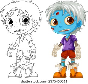 A vector cartoon illustration of a male zombie with blue skin and outline, perfect for coloring