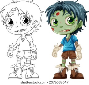 A vector cartoon illustration of a male zombie with green skin and outline for coloring