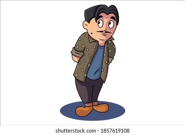 Vector cartoon illustration. Man is afraid and looking up side. Isolated on a white background.