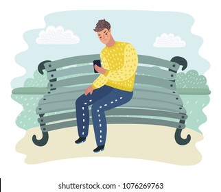 Vector cartoon illustration of man is annoyed to see the smartphone sitting at the bench in the park