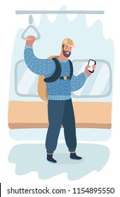 Vector cartoon illustration of man with backpack standing in subway, using phone, smartphone.