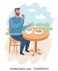 Vector cartoon illustration of Man with beard sitting at the table and eat salad in a street cafe. Outdoor landscape background.