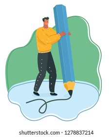 Vector cartoon illustration of man with big pencil. Drawning prosses. Signature. Creatve prosess. Human male character.
