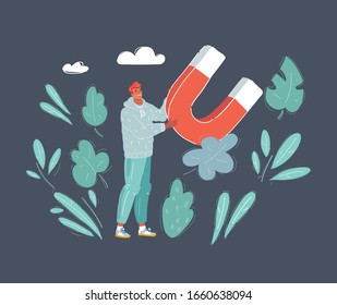 Vector cartoon illustration of man with big magnet in his hands. Human character on dark background.