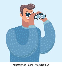 Vector cartoon illustration of man with binoculars, person looking through a spyglass. Male character on isolated background.