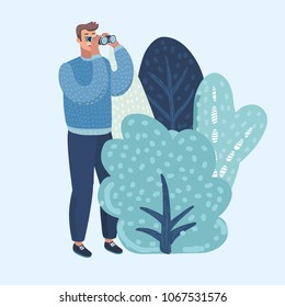 Vector cartoon illustration of Man with binoculars watching, hides behind bushes. Male character in isolated background.