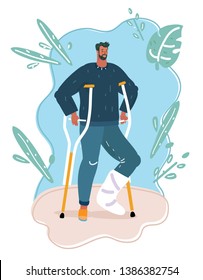Vector cartoon illustration of man with broken leg with crutches wolking outside.