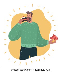 Vector cartoon illustration of man with a cake. Male sweet tooth character on white background.