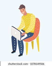 Vector cartoon illustration of Man in casual outfit sitting home in comfortable armchair and browsing or working on laptop at his laps. Male character on isolated background.