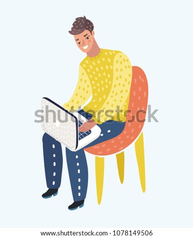 Vector cartoon illustration of Man in casual outfit sitting home in comfortable armchair and browsing or working on laptop at his laps. Male character on isolated background.