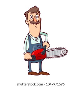 Vector cartoon illustration of man with a chainsaw
