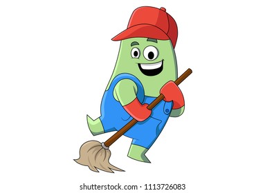 Vector cartoon illustration of man cleaning with mop. Isolated on white background.