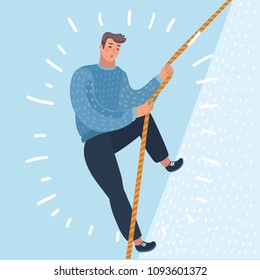 Vector cartoon illustration of man climbs on top for professional growth. Personal growth concept.