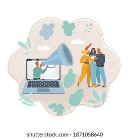 Vector cartoon illustration of man come out from screen of laptop holding large loudspeaker to attract followers for blog. Social media marketing strategy getting more people. Involvement of audience