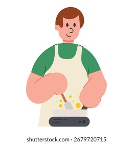 Vector cartoon illustration of man cooking. Food, kitchen, and lifestyle concept.