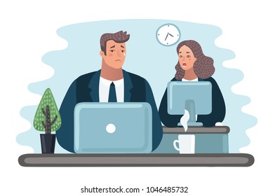 Vector cartoon illustration of man cries, coworker is empatic. Worker in office. Depression, sadness, stresses.